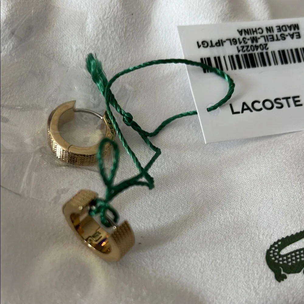 LACOSTE Gold STENCIL Classic Hoop Earrings STAINLESS STEEL GOLD BRAND NEW - Picture 3 of 5